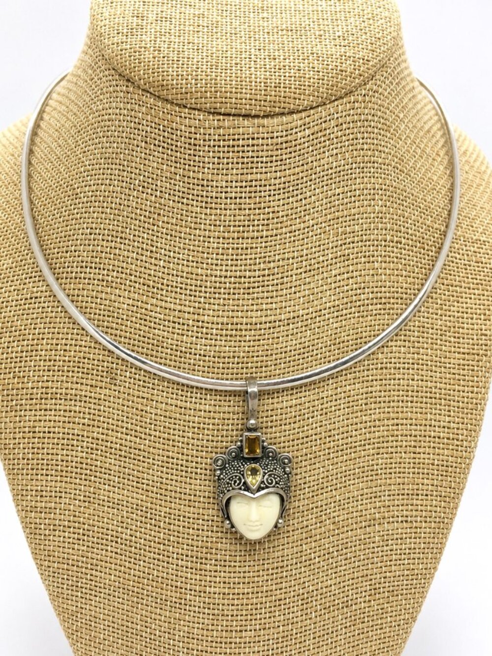 STERLING SILVER TORQUE Warrior Goddess Face Pendant Citrine 925 Choker Collar